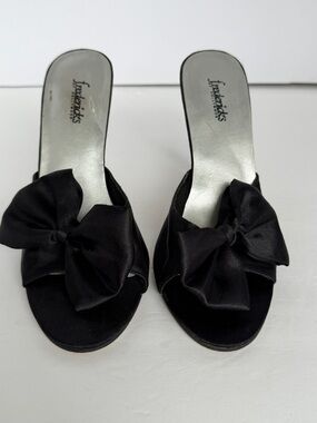 Frederick's of Hollywood Black Satin Bow Slide Heels